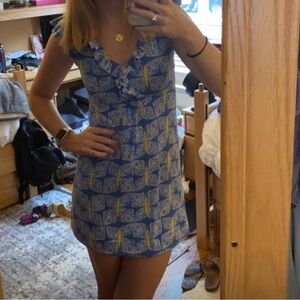 Lilly Pulitzer Blue Yellow Clare Short Sleeve Butterfly V-Neck Dress Size Xs